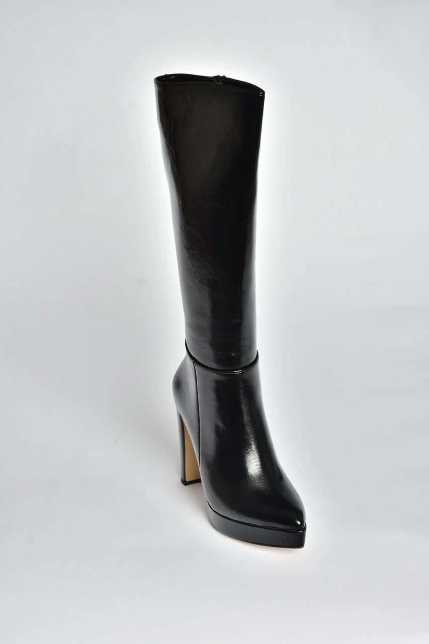 Fox Shoes V820660660 Siyah Rustik Kalın Platform Topuklu Kadın Çizme Siyah-rustik