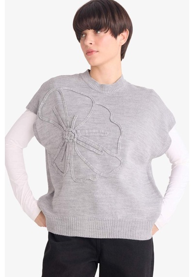 Defacto Relax Fit Bisiklet Yaka Çiçekli Triko Süveter G3324ax25augr156 Gri-gr156