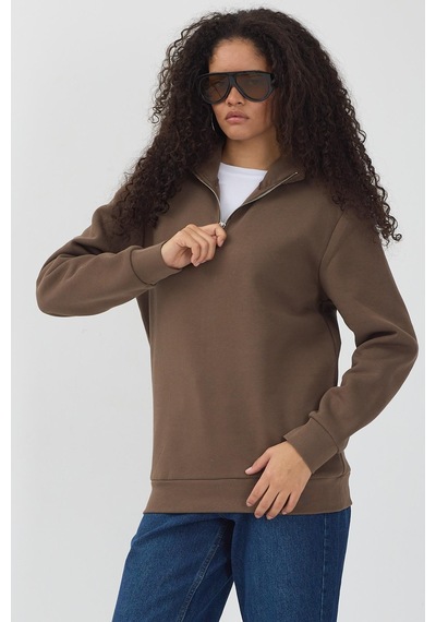 Polostate Unisex Regular Fit Rahat Kesim Pamuklu Içi Polarlı Yarım Fermuarlı Kahverengi Dik Yaka Sweatshirt Kahverengi