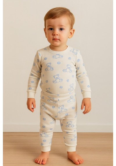 Aden Kids Raporlu Kumaş Desenli Çocuk Pijama Takımı Buz Mavi