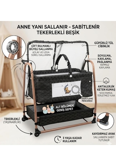 Öykü Bebek Dunyasi Anne Yanı Sallanır Sabitlenir Tekerlekli Geniş Sepetli Beşik Siyah