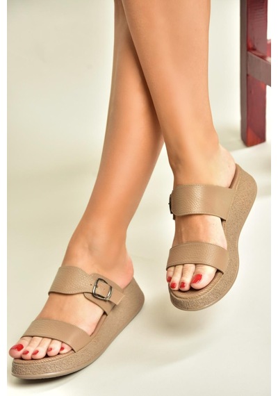 Fox Shoes U555050403 Vizon Hakiki Deri Kalın Tabanlı Kadın Terlik Vizon-hakiki Deri