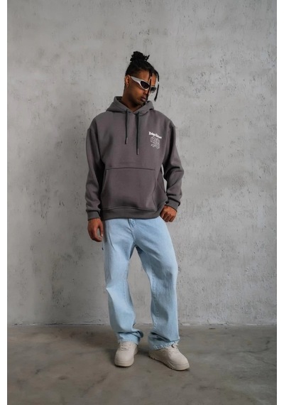 Erkek 3 İplik Pamuklu Kapüşonlu Baskılı Cepli Oversize Sweatshirt Hoodie - Gri