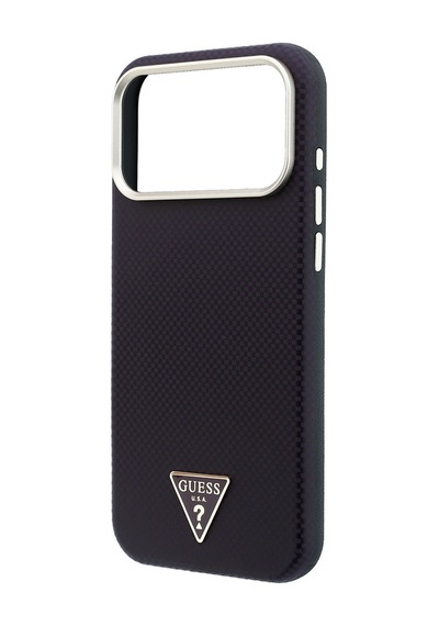 Apple iPhone Uyumlu 18 Pro Kılıf Guess Lisanslı M-safeli Pu Metal Üçgen Logolu Karbon Fiber Kevlar Kapak Bordo