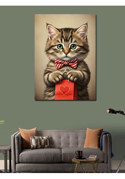 Kanvas Tablo Fiyonklu Kedi Ve Şirin Hediye 50cmx70cm