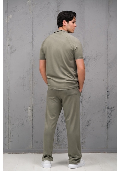 Mass Plus Regular Fit Likralı Kendinden Çizgili Yarım Baggy Pantolonlu T-shirt Takım Yeşil