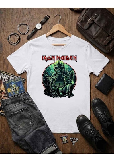 Erkek Iron Maiden Rock Metal Grubu Baskılı Pamuklu T-shirt Beyaz