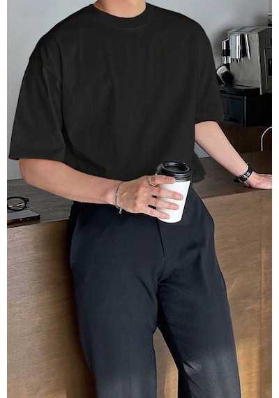 Genius Store Erkek Oversize Tişört Pamuk Kumaş Bisiklet Yaka Rahat Kalıp T-shirt Siyah