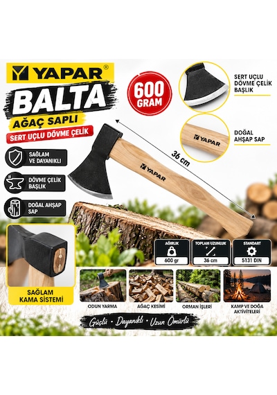 Yapar Kamp Baltası 600 Gram 36 Cm Profesyoneller İçin Dövme Çelikten İmal El Baltası