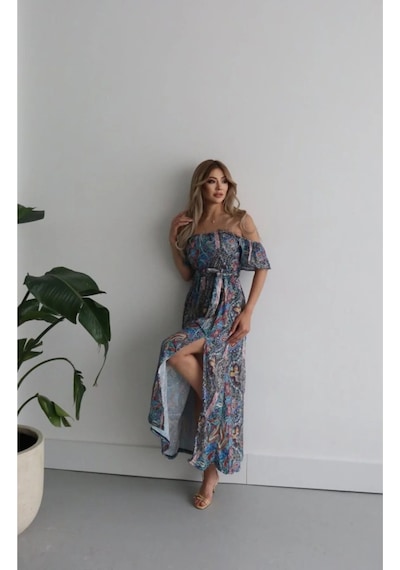 Modayakamoz Eyesof Kadın Kısa Kollu Madonna Yaka Fırfırlı Belden Yırtmaçlı Maksi Süprem Elbise Çok renkli Modayakamoz Eyesof Kadın Kısa Kollu Madonna Yaka Fırfırlı Belden Yırtmaçlı Maksi Süprem Elbise Çok renkli