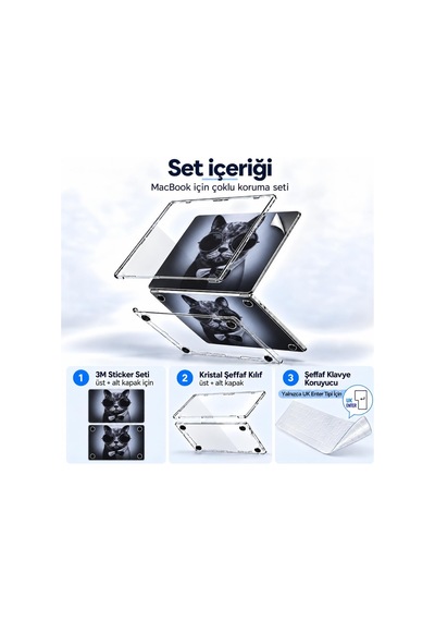 Macbook Pro 13 İnç Kristal Parlak Şeffaf Sert Kılıf Hard Case A2338 M1 M2 A2251 A2289 Uyumlu + Kedi Desenli 3m Sticker + Şeffaf Klavye Koruyucu 3'lü Set Siyah Belirtilmemiş