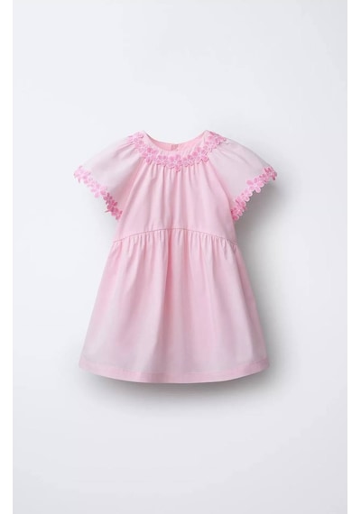 Miniko Kids Kız Çocuk Yaka Çiçek İşlemelei Pamuk Elbise Pembe