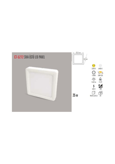 Ct-5272 25W/3200K Alm. S.Ü Led Armatür Kare (Günışığı)Cata Beyaz