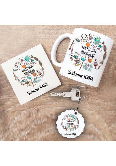 Fen Bilgisi Öğretmeni Hediye Seti Kupa Bardak+Altlık+Anahtarlık