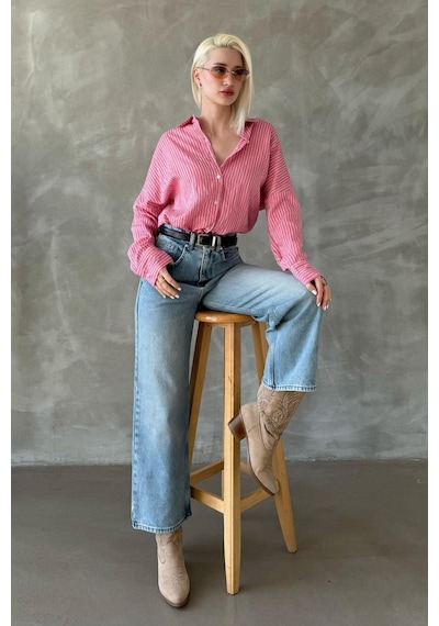 Madmext Pembe Çizgili Oversize Kadın Gömlek Mg2327 Pembe