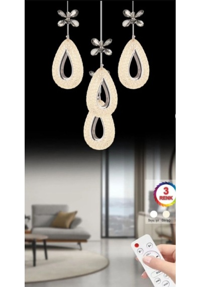 Damla 4 Lü Gümüş 3 Renk Ledli Kumandalı Modern Sarkıt Led Avize