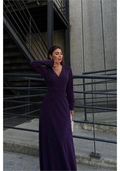DefyModa Kadın Krep Kumaş Kruvaze Yaka Yırtmaçlı Maxi Abiye Elbise Mor