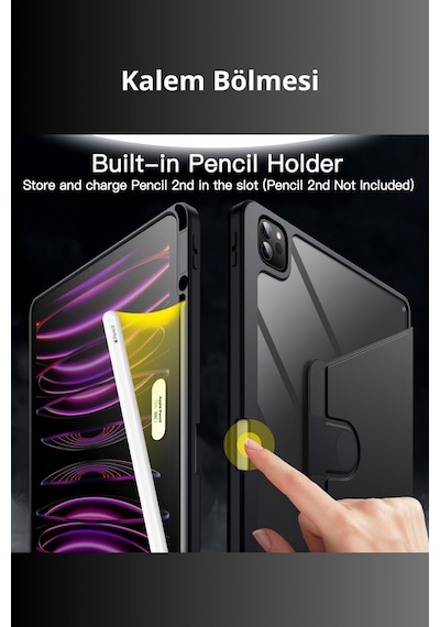 Apple Uyumlu iPad Pro 11 İnç 2025 M5 Çipli 360 Derece Dönebilen Standlı Pino Tablet Kılıfı Kapaklı Kılıf