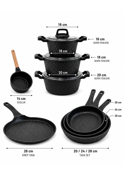 Obsidyen Supreme Set 12 Parça Döküm Granit Tencere, Tava, Krep Tava Ve Sosluk Seti 16-18-20 Cm Derin Tencere 20-24-28 Cm Tava 26 Cm Krep Tava 14 Cm Sosluk Siyah