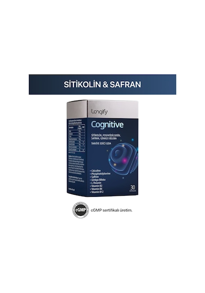 Longify Cognitive Sitikolin, Fosfatidilserin, Safran, Ginkgo Biloba, L-teanin, B2, B6 Ve B12 Takviye Edici Gıda 30 Kapsül
