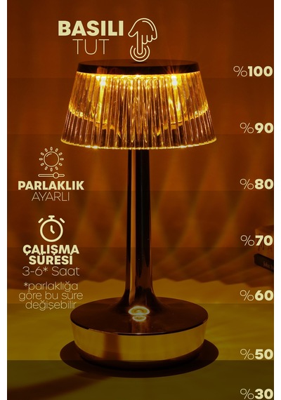 Gold Kristal Şarjlı Dokunmatik Masa Lambası Metal 3 Işık Parlaklık Ayarlı Gece Masa Üstü Lamba 1820 Gold