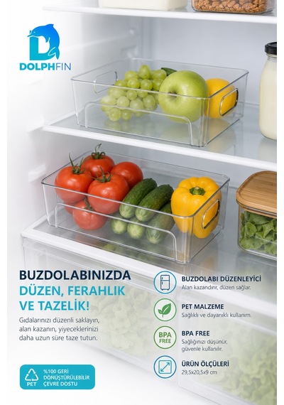 Şeffaf Pet Buzdolabı Organizeri Büyük Kulplu Düzenleyici Kutu 29,5x20,5x9 Cm