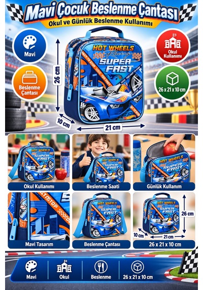 Hot Wheels Mavi Beslenme Çantası Çocuk Öğrenci Okul Yemek Çantası Günlük Kullanım 26x21x10 Cm Çok Renkli