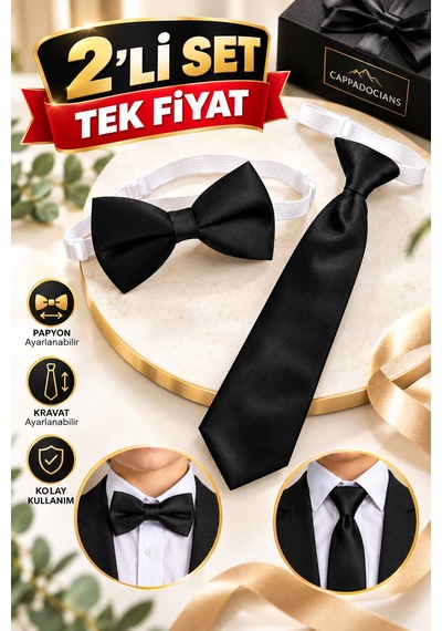 Cappadocians Erkek & Kız Çocuk 1-7 Yaş Lastikli Kravat & Lastikli Papyon - Siyah Renk 2'li Set - Unisex Kravat & Papyon