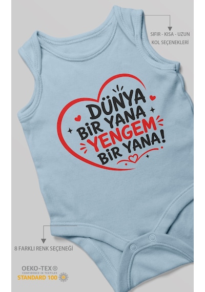 Morivokids Dünya Bir Yana Yengem Bir Yana Sıfır Kol Bebek Zıbını %100 Pamuk Bebe Mavisi