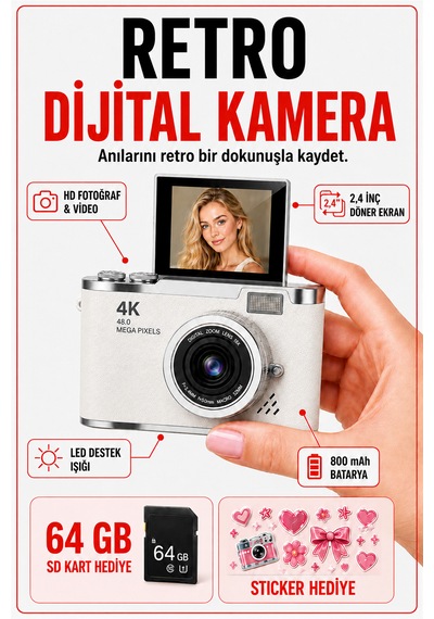 Solvis SOLVİSW Dijital Retro Fotoğraf Makinesi + 64 GB Sd Kart