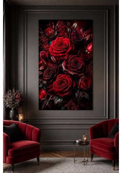 Kırmızı Gül Desenli Baskılı Cam Tablo Uv Baskı Dekoratif Duvar Tablosu