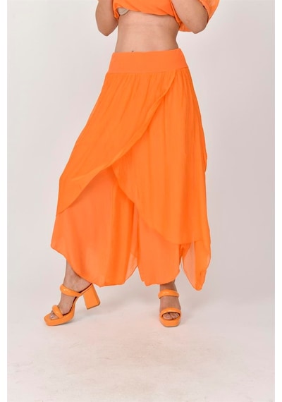 Bohem Stil Kadın Asimetrik Kapaklı Ipek Şalvar Pantolon-8775 Orange