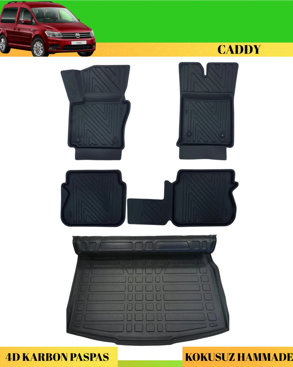 Volkswagen Caddy 2010-2020 Araca Özel Üretim 4d Havuzlu Karbon Paspas Takımı + 3d Bagaj Havuzu