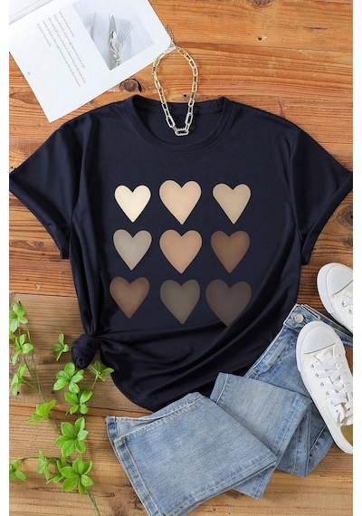 Unisex Kalp Baskılı T-shirt Lacivert