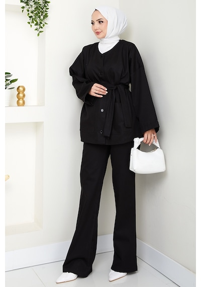 Bestenur Kemerli Ceket Pantolon Gabardin Takım 1557 - Siyah Siyah