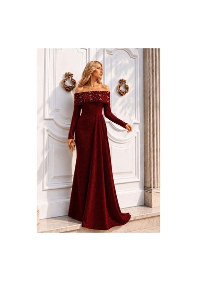 DefyModa Kadın Trend Degaje Yaka Dekolteli Maxi Uzun Kollu Abiye Elbise Kırmızı