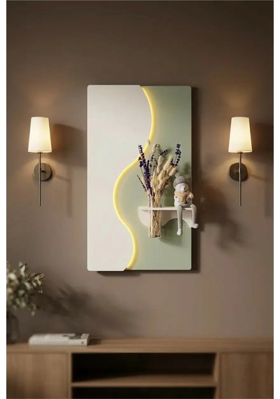 Manolya Ahşap Pilli Ledli İskandinav Tarzı Salon Duvar Rafı Modern Çiçeklik 40 X 70 Cm Yeşil - Paris Grisi