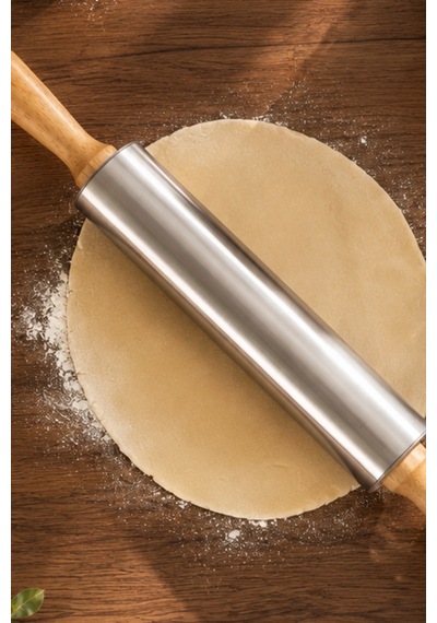 Porsima Mnb05772 Ahşap Saplı Paslanmaz Çelik Merdana Oklava Hamur Pizza Börek Açma Oklava 38cm