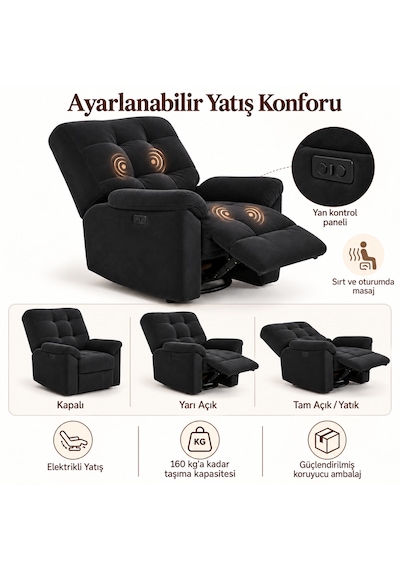Smarto Relax Porto Masajlı Elektrikli Döner Sallanan Tv Koltuğu Kontrol Panelli Ergonomik Polyester Baba Koltuğu Siyah