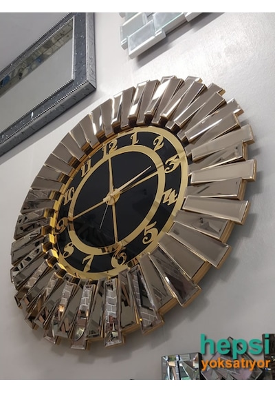 Güneş Bronze Black Altın Siyah 85 Cm Dekoratif Aynalı Duvar Saati