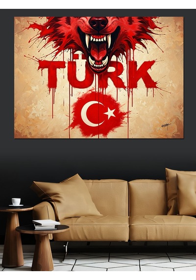 Türkiye Kalp Logo Kurt İllüstrasyon Dekoratif Kanvas - Mdf Ahşap Tablo