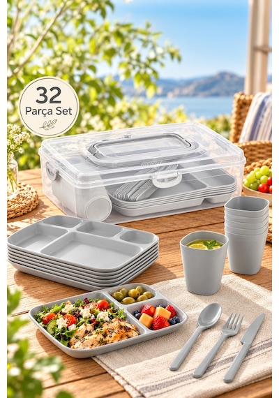 Porsima Ac-101-1 32 Parça 6 Kişilik Pratik Taşınabilir Piknik Seti - Saklama Kutulu Piknik Sepeti Gri