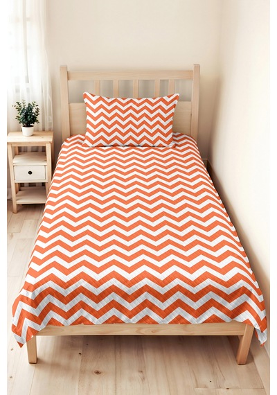 Turuncu Zigzag Geometrik Genç Odası Tek Kişilik Pike Takımı - Modern Chevron 160x220 Cm Yatak Örtüsü Mumlu Duman Kıyımı