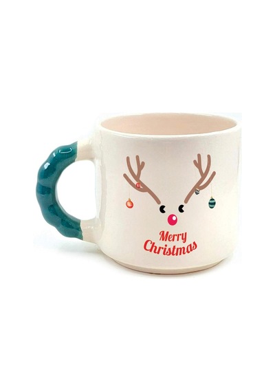 Merry Christmas Geyik Baskılı Yeşil Kulplu Boncuk Yılbaşı Kupası