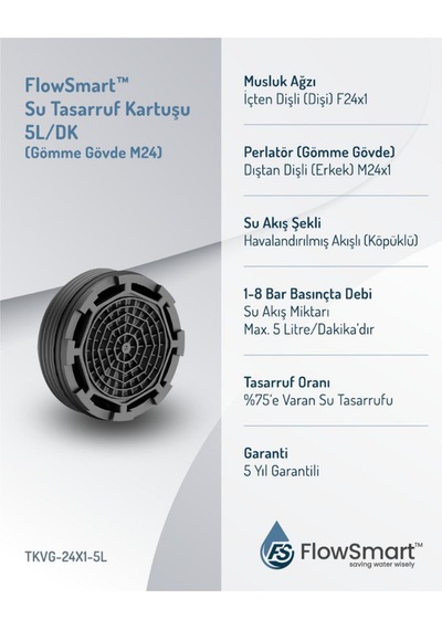 Flowsmart Gömme Su Tasarruflu Aeratör 5 L/dk. Øm24 %75 E Varan Su Tasarrufu