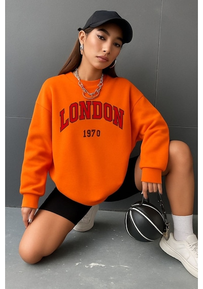Benroma 3 İplik Penye London Baskılı Unisex Sweatshırt Turuncu