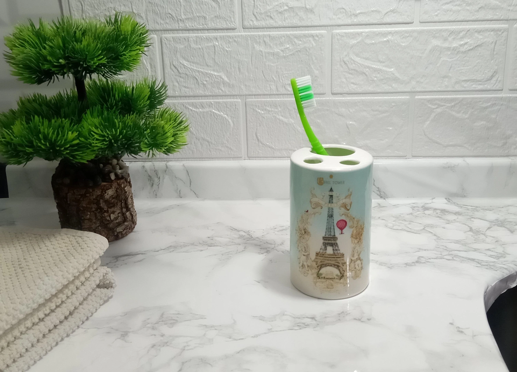 2 Adet Seramik Diş Fırçalık Romantik Yeşil Model 7x7x11cm Banyo Seti Çok Renkli