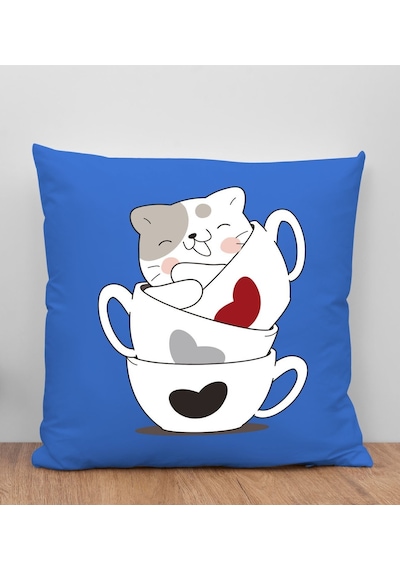 Bk Gift Kedi Tasarımlı Mavi Kırlent Yastık, Arkadaşa Hediye, Ev Dekorasyonu, Ev Hediyesi-10