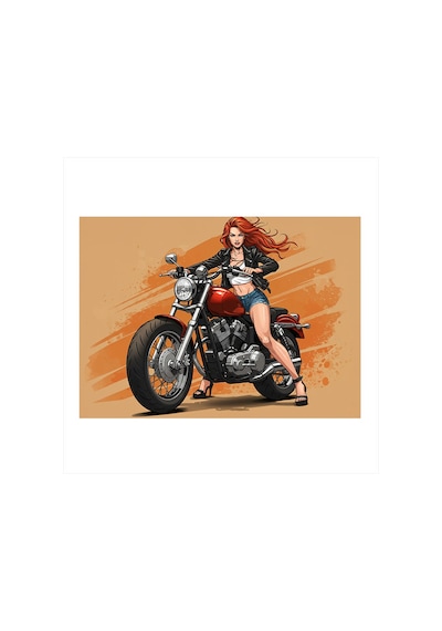 Kırmızı Saçlı Motosikletçi Kadın Mdf Poster