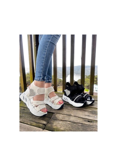 Lady Kadın Siyah Beyaz Dolgu Topuklu Spor Sandalet Taşlı siyah